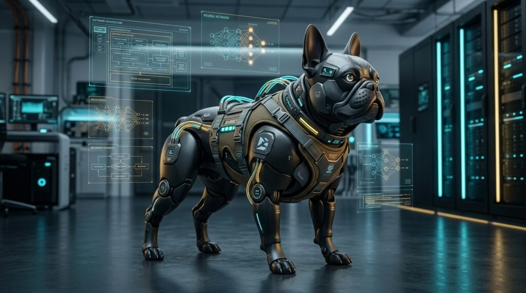 Cybernetic French bulldog robotic canine equipped with a modular execution harness and glowing holographic architecture schematics in a data laboratory