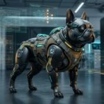 Cybernetic French bulldog robotic canine equipped with a modular execution harness and glowing holographic architecture schematics in a data laboratory